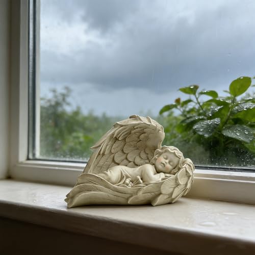Sleeping Angel Statue, Baby in Wings Cherub Figurine - size: 7.9"H