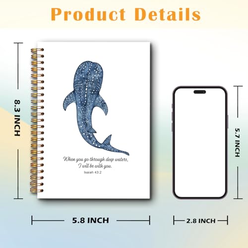 JINYO Whale Shark Christian Notebook for Women Men, Isaiah 43:2 Bible Journaling Notebook, Religious Prayer Journal for Woman, Church Notes Journal, Scripture Spiral Notebooks 5.5x8.3 Inch - color: white Whale Shark Christian Notebook