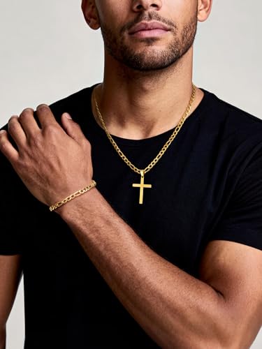 NORBU Stainless Steel Cross Necklace and Bracelet Set for Men, Cuban Link - color: Gold Figaro