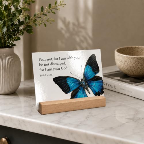 Bible Verse Cards with Wood Stand, 48 Prayer Cards for Daily Display - color: Butterfly