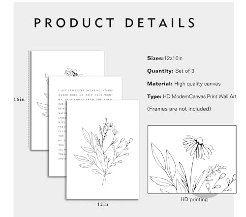 Psalm 121 Christian Wall Art, 3 Piece Unframed Botanical Prints, 12x16 - color: Bible Verses on Flowers, size: 16"L x 12"W