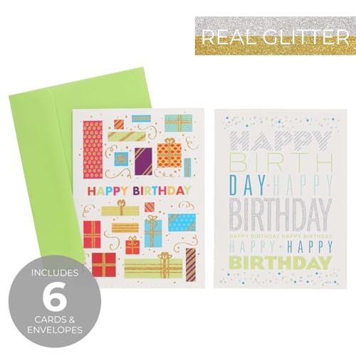 Canopy Street Masterpiece Glitter Birthday Cards / 6 Birthday Cards With Lime Envelopes/Gold And Silver Glitter Accents / 4 5/8" x 6 1/4" Folded Greeting Cards With Inside Verse / 2 Modern Designs - color: Glitter