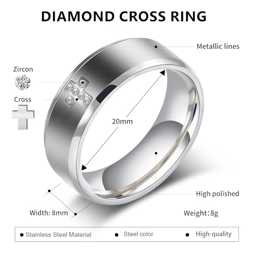 Mens Wedding Band Ring - 8mm Stainless Steel Engagement Promise Rings for Men Women, Cross Classic Ring with Cubic Zirconia for Men Jewelry Gift Ring Size 6 7 8 9 10 11 - color: Silver
