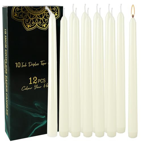 12 Pack Ivory Taper Candles 10 Inch, Dripless Smokeless Unscented Hand Poured Tall Candlesticks, 8-Hour Long Burning for Home Decor, Weddings, Christmas & Special Occasions - color: 10"12pcs-Ivory
