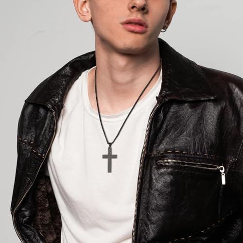 HZMAN Stainless Steel Cross Necklace for Men Women Lord's Prayer Pendant - color: Black