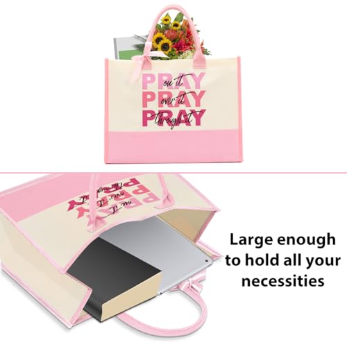 jeilink Inspirational Religious Gifts Boss Mom Birthday Christmas Tote Bag Canvas Reusable Grocery Beach Tote Black Pink - color: Pray on It 1143