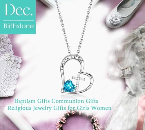 Birthstone Cross Necklace for Girls, Child of God Cross Gifts Jewelry - color: 12. December, style: 01. Silver