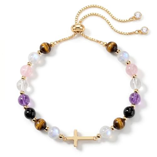 Christian Gifts for Women Cross Bracelet Natural Gemstone Crystal Bracelet Gold Cross Charm Adjustable Birthday Gifts for Women with Message Card - color: FAITH-LOVE-HER