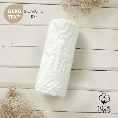 mimixiong Baby Christening Blanket Cotton Soft Knit with Stitching Cross - color: White
