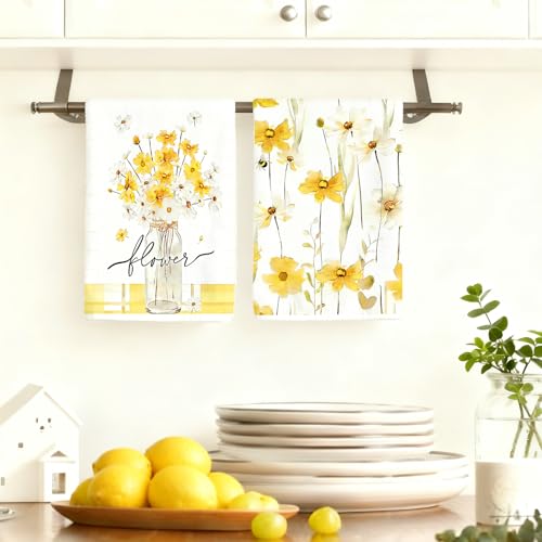 Floral Kitchen Towels Set of 4, Yellow Daisy Bee Dish Towels - color: Yellow Daisy