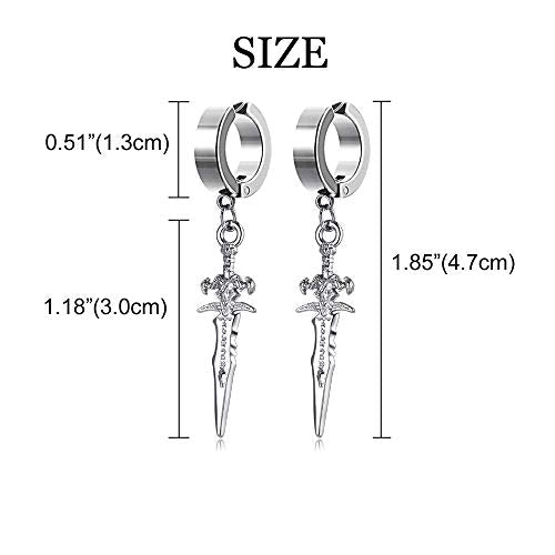 Unisex Punk Hip Hop Stainless Steel Silver Black Gold Tone Lock Thunder Lightning Bolt Dangle Huggie Hoop Earrings Gift for Women Men Boy Teens - color: Silver-No Pierce Cross Sword