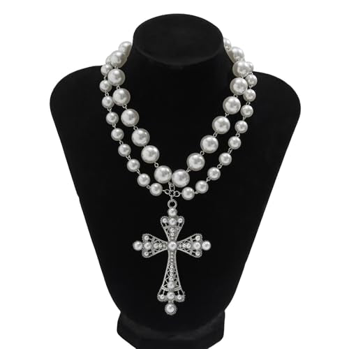 Pearl Cross Necklace Big Cross Pendants Necklaces for Women Chunky Pearl Necklace Gothic Cross Necklace Punk Vintage Cross Jewelry Women - style: Silver 02