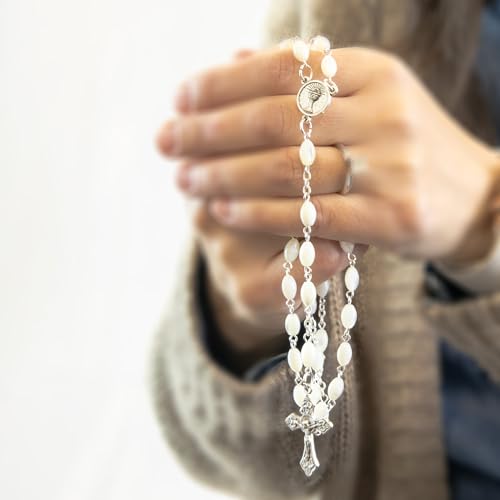 Catholic Rosary For Men & Women - 22.5" Rosary Necklace From The Holy Land Of Jerusalem - Catholic Rosary With Olive Wood & Mother of Pearl Rosary Beads & Crucifix Dangle - color: First Communion - Chalice Medal