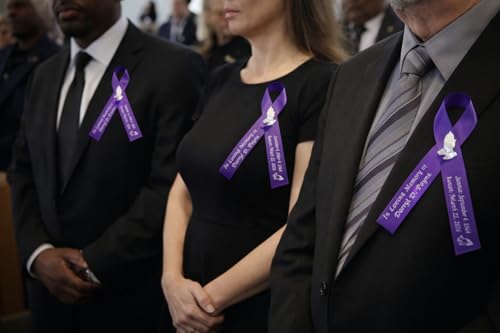 Personalized Memorial Service Funeral Ribbon Pins 20 Cross Religious Celebration of Life Custom Made Awareness Remembrance Anniversary Death Cross Sympathy Name Angel - color: purple