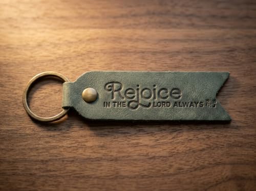 Leather Keychain, Christian Gifts for Men and Women, Full Grain Cowhide Debossed Bible Verse Flat Key Fob - color: Eden Green