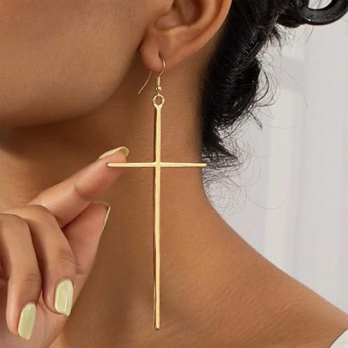 Vintage Exaggerated Cross Dangle Earrings Gold Large Cross Earrings Big Cross Drop Earrings Long Cross Hook Earrings Jewelry for Women - color: Gold