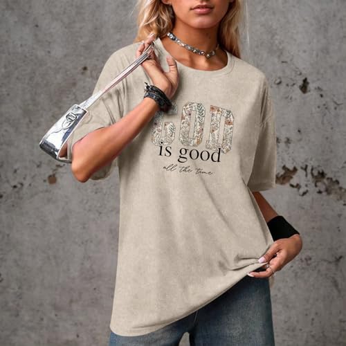 Christian God is Good Shirts for Women Jesus Faith Religious T Shirts Floral Graphic Oversized Acid Washed Tee Tops - color: Apricot, size: Medium