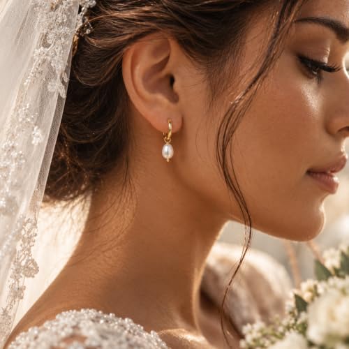 Dangle Earrings for Women, Dainty Huggie Hoop Dangle Earrings - color: Pearl 01 Dangle Gold