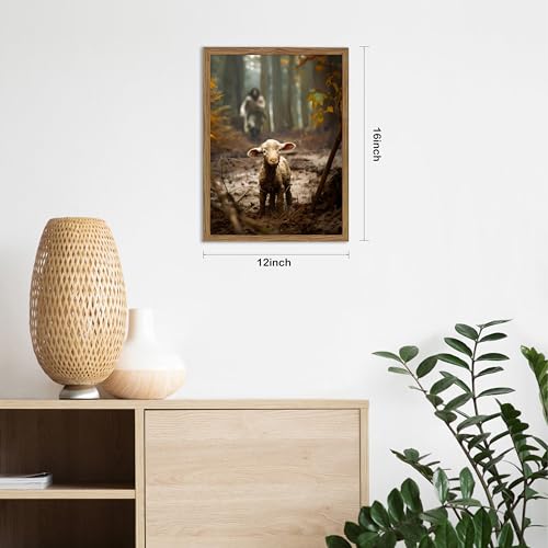 Christian Wall Art, Jesus the Good Shepherd Canvas Painting, Lost Sheep Biblical Scene, 3D Textured Sandstone Style Wood Framed Artwork for Prayer Room Bedroom 16x12 Ready to Hang - color: Jesus Running After Lost Lamb, size: 16"L x 12"W