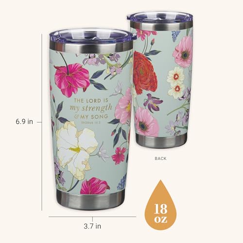 Christian Art Gifts Large Stainless Steel Scripture Travel Mug Tumbler for Women: Lord is My Strength Inspirational Bible Verse, Double Wall Vacuum Insulated w/Lid, Mint Green Multicolor Floral, 18oz. - color: Mint Green/Strength & Song