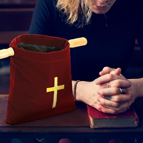 Abbylike Velvet Church Offering Bag with Wooden Handles 10 Inch Religious Offering Pouch Handle Church Collection Bag for Churches Communion Supplies (Red) - color: Red