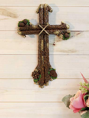 Ebros Gift 13.5" Tall Rustic Western Rugged Tree Logs With Pine Cones Wall Cross Decor Hanging Sculpture Catholic Christian Country Cabin Lodge Accent Decorative Crosses