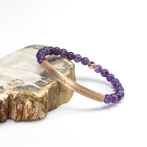Amethyst Christian Bracelet for Women, 18K Gold Plated Bible Verse Jewelry, Inspirational Religious Faith Gift, Scripture Jewelry for Encouragement & Strength - color: A true friendship is a journey without an end-Amethyst Rose Gold