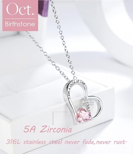 Birthstone Cross Necklace for Girls, Child of God Cross Gifts Jewelry - color: 10. October, style: 01. Silver