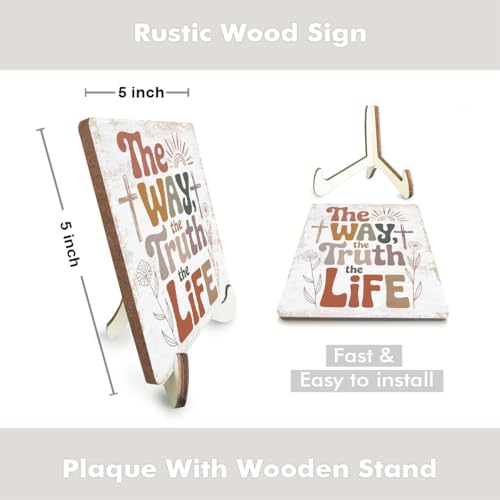 Christian Gifts Desk Decor Rustic Wood Sign, Boho Faith Religious Bible Verse Quotes Decorative Desk Accessories for Home Bedroom Decor Office Accessories Bohemian Floral Table Shelf Wooden Sign - color: WayTruthLife
