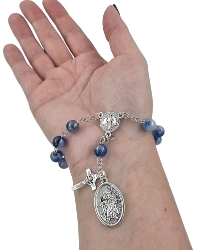 TALISMAN4U St Benedict Rosary for Car Rearview Mirror St Christopher Medal - color: Blue Acrylic Beads