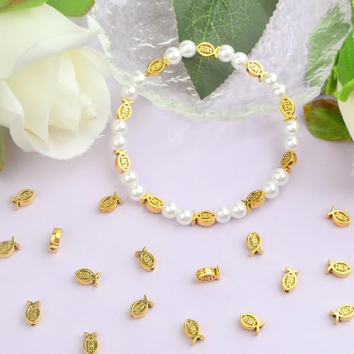 100pcs Jesus Fish Spacer Beads Religious Charm Beads Tibetan Alloy Christian Fish Shape Loose Beads for DIY Bracelet Necklace Jewelry Making Supplies - color: Antique Golden