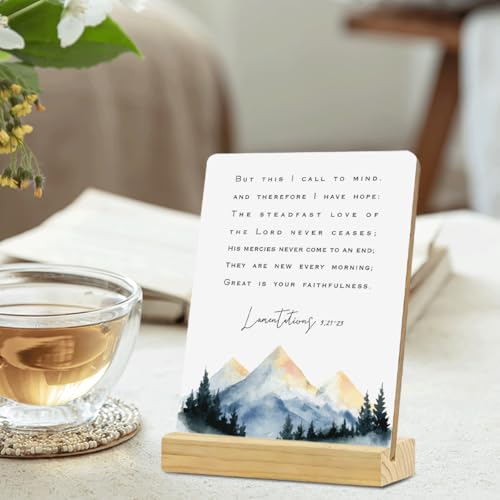 MUBIAO Bible Verse Rustic Wooden Plaque Sign with Stand, Lamentations 3:21-23, 4x5 Inches, Wood Material, Decorative Sign for Home Office Shelf Decor - color: Multicolor452