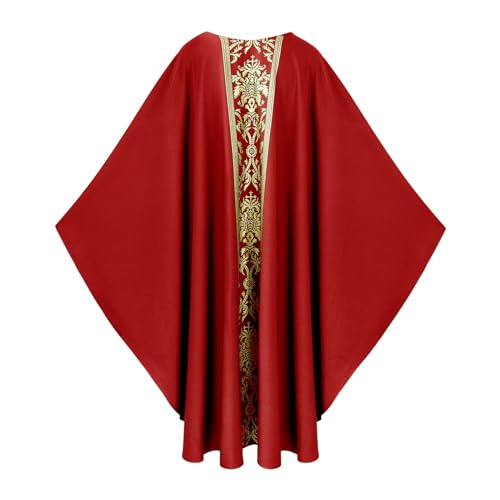 Priest Religious Robe Cosplay Costume Vestment Robe Mass Round Collar Chasuble Robe with Pastor - color: Red