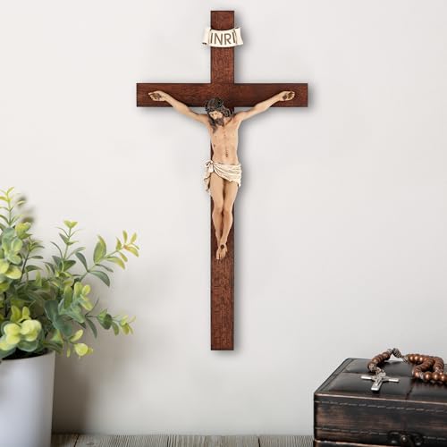 Crucifix Wall Cross - 14 Inch Olive Wood Wall Crucifix, Hand Painted Resin Jesus on Wooden Crucifix Catholic Home Decor Housewarming Religious Gifts - color: Brown Wood/Realistic