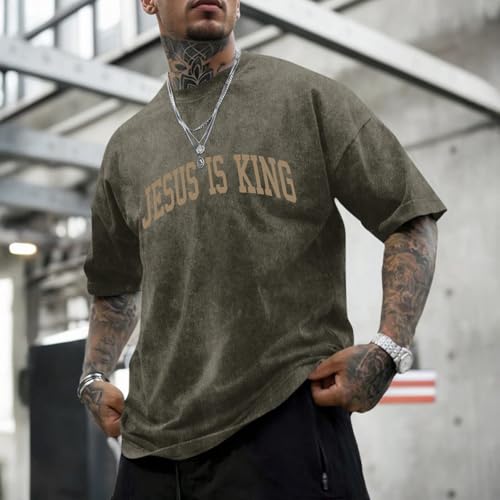 Mens Christian Shirts Jesus is King Love You Tshirt God Faith Religious Bible Verse Oversized Acid Wash Graphic Tees - color: Army Green, size: XX-Large