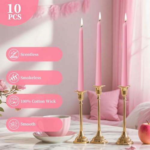 KONNI 0.87×10 Inch Pink Taper Candles, Unscented and Smokeless Tall Candlesticks, 10 Pack Tapered Candles with Cotton Wicks, Long Burning, Ideal for Weddings, Dinner Parties, and Home Décor - color: Pink