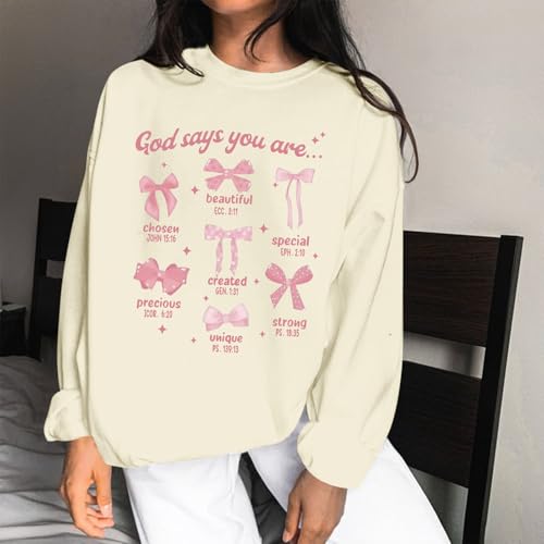 Christian Bow Sweatshirt for Women God Jesus Bible Verse Sweatshirts Cute Bow Graphic Coquette Long Sleeve Shirts - color: Apricot, size: Medium