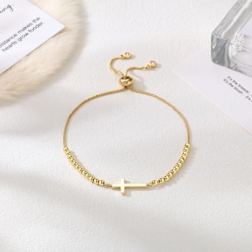 Moodear Cross Bracelet for Women, Dainty Sterling Silver/Gold Plated Gift - color: Bead Gold Cross Bracelet