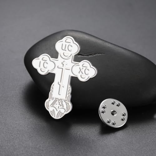 TEAMER Cross Brooch Lapel Pin For Men Russian Orthodox Crucifix Eastern Church Cross Tie Pins Religious Christian Prayer Jewelry - color: White Silver
