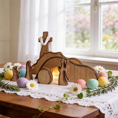 Wooden Easter Resurrection Scene Decor, He Is Risen Jesus Cross Religious Christian Gifts for Women, Vintage Spring Home Decor for Table Mantel Office Kitchen Indoor Centerpieces Catholic Nativity Set