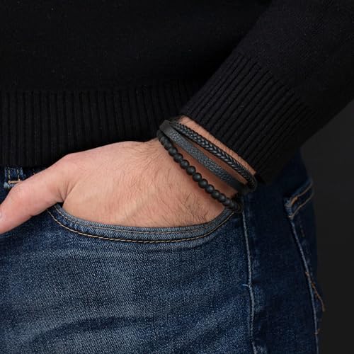 Beaded Leather Bracelets - Gifts for Men, 6mm Tiger Eye Lava Rock Stone Beads Braided Leather Bracelet Handmade Mens Bracelet With Adjustable Magnetic Clasp - color: Black-2