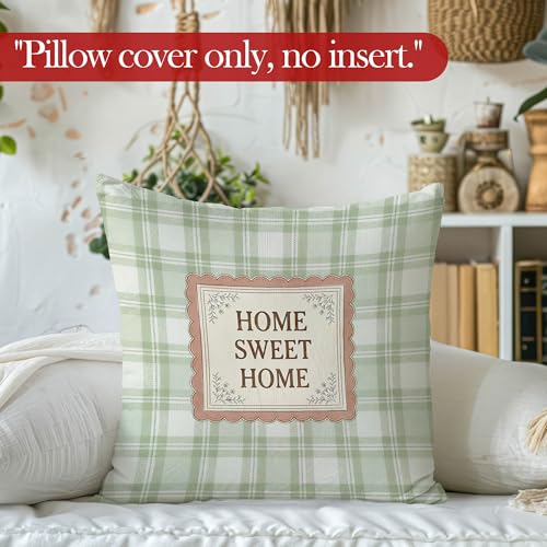 Sage Green Home Sweet Home Throw Pillow Covers, Housewarming Gifts, Farmhouse Plaid Decorative Pillowcases Cushion Cases for Living Room Bedroom Couch Decor Decor, 18x18 Pillow Covers - color: Sweet
