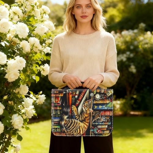 Bible Cover for Women Large PU Leather Zippered Bible Case with Handle and Bookshelf Cat Design, Christian Bible Cover for Girls & Women, Cover Fits Standard 9.5"x7.5"x2.3" Bible - color: Bookshelf Cat