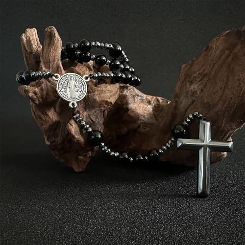 Bovemee Saint Benedict Medal Prayer Pocket Rosary Catholic Brown Wood Beads with Medalla de san benitol and Crucifix, 9 Inch - color: Nature stone Black