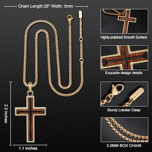 Wooden Cross Necklace for Men With Stainless steel And Black Ebony Adjustable Box Chain 24–26 inches Suitable for Everyday Wear And Christian Gifts for Men - color: Gold-A