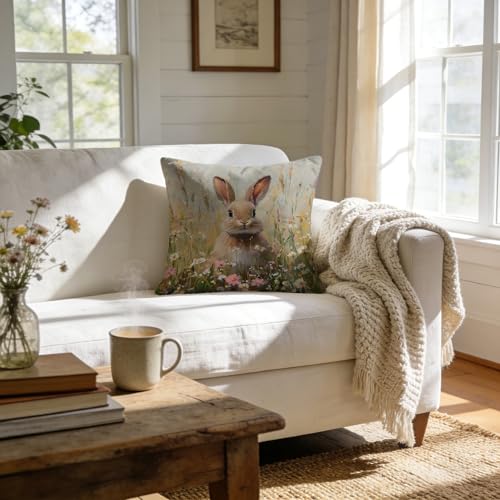 Spring Easter Bunny Floral Throw Pillow Cover 18x18, Bunny Lovers Gifts, Spring Cottagecore Wildflower Rabbit Easter Decorative Pillow Covers for Kids Room Nursery Home Bedroom Bed Couch - color: 07color