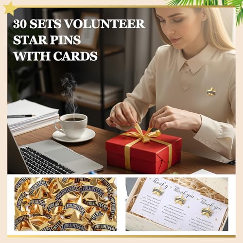 Sayglossy 30 Sets Volunteer Awards Gifts Bulk Star Enamel Pins on Card Volunteer Lapels Pins Reward Thank You Cards Employee Appreciation Gifts for Staff Recognitions - style: Volunteer