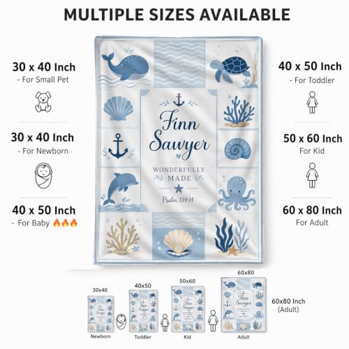 Personalized Ocean Baby Blanket, Custom Coastal Baby Blanket - color: Blue #8