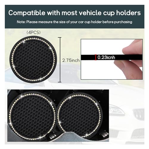 Dickno 4 PCS Bling Car Cup Coaster, 2.75 Inch Crystal Rhinestone Auto Cup Holder Insert Coaster, Anti-Slip Durable Car Drink Cup Mat, Universal Vehicle Interior Decor Accessories (Black & AB) - color: Black+ab, size: 4 PCS
