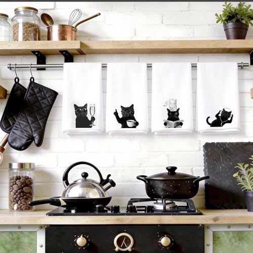 Black Cat Kitchen Towels Set of 4, Funny Cat Dish Towels - color: Black Funny Cat